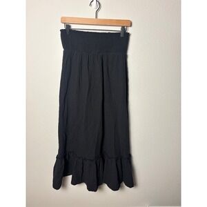 Quince Black Organic Cotton Gauze Smocked Waist Ruffle Midi Skirt Womens Small